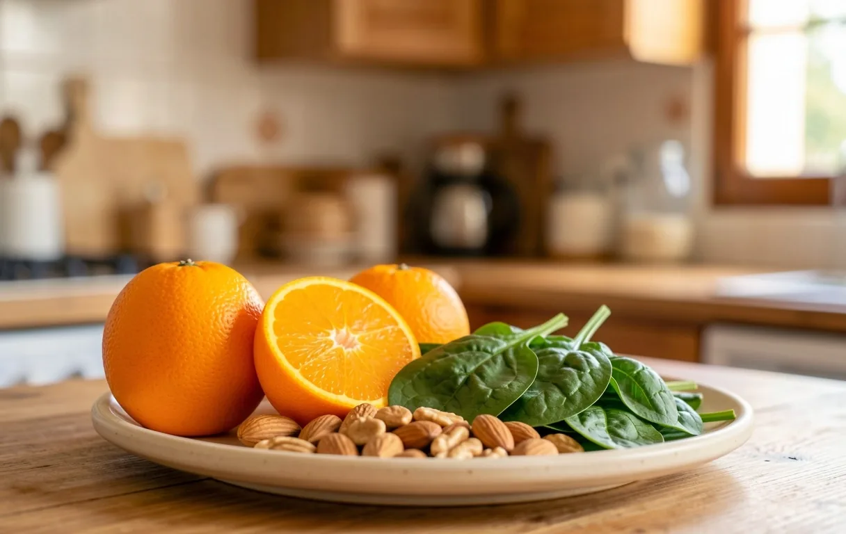 Alimentos reales y nutritivos sobre una mesa de madera